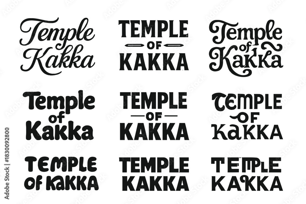 Fototapeta premium Temple Lettering Variations. Temple of Kakka. Set lettering. harmonious lettering variations of the same emblematic concept, each with different artistic