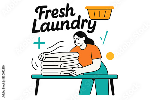 Crisp Towel Folding. Folding Station Scene. A person folds crisp towels on a table; soft motion lines show rhythm and calm. ?Fresh Laundry? floats in smooth