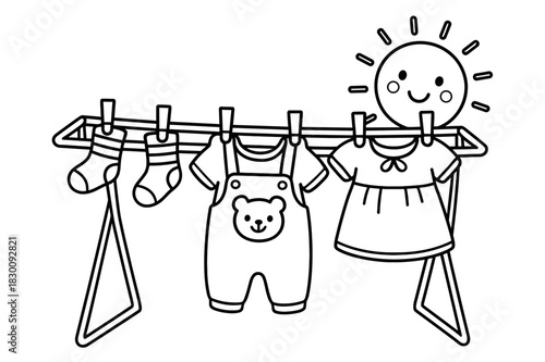 Baby Clothes Coloring Page. Drying rack for baby clothes children?s coloring book illustration, outlined drawing, baby outfits and socks clipped to a small