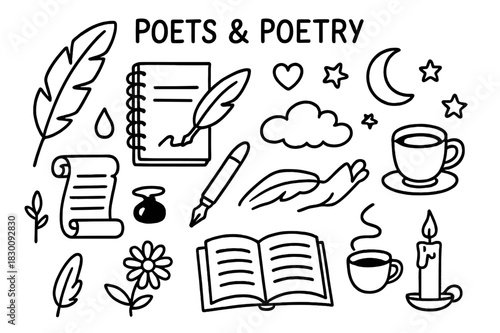 Poetic Doodles. Poets and poetry. Hand-drawn doodle illustration poets and poetry quill, notebook, heart, moon, cloud, stars, feather, scroll, ink drop, pen,