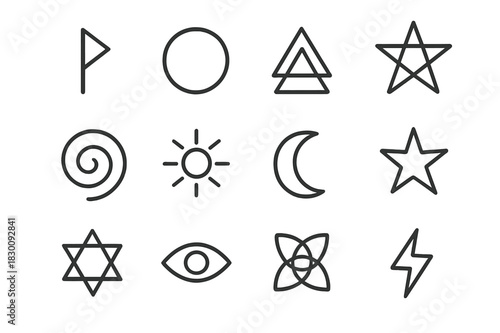 Ancient Symbol Icons. Ancient symbols. Line icon set of ancient symbols: elder futhark rune, circle symbol, triangle symbol, pentagram, spiral, sun symbol,