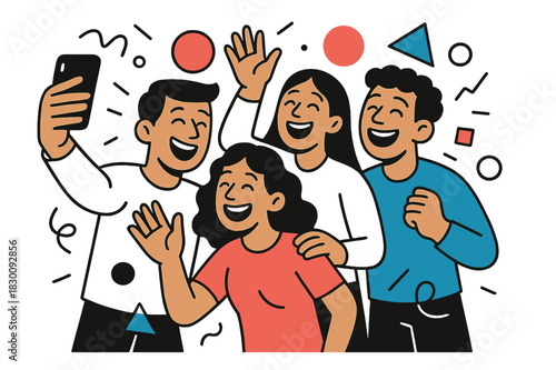 Joyful Group Selfie. Laughing in a Group. Friends taking a group selfie and laughing with floating abstract geometric shapes, fun and engaging scene. Modern