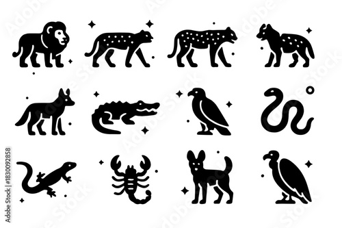 Savanna Predators Icons. Predators of the Savanna. Solid icons set of Predators of the Savanna: lion, cheetah, leopard, hyena, jackal, crocodile, eagle, snake,