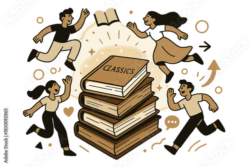 Antique Book Glow. Antique Books. A stack of weathered books glows under soft light; golden dust motes float around the spines. The top cover reads ?CLASSICS?