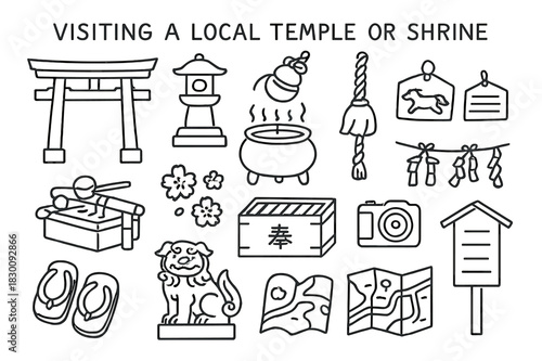 Temple Visit Icons. Visiting a local temple or shrine. Hand-drawn doodle illustration Visiting a local temple or shrine torii gate, stone lantern, incense