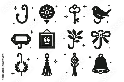 Decorative Hooks Collection. Decorative hooks and accents. Solid icons set of Decorative hooks and accents: ornate hook, ceramic knob, vintage key hook, bird