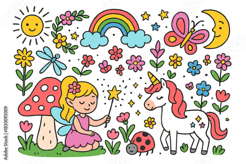 Magical Fairy Garden. Fairy garden, Colorful Hand-drawn doodle Children illustration Fairy garden and magical creatures. Fairy, flower, butterfly, rainbow,