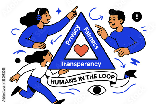 AI Ethics Dynamics. AI Assistants ? Ethics & Safety. A bright triangle of ?privacy, fairness, transparency? rotates around a core heart icon. Ribbon text reads