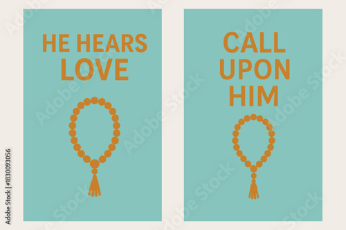 He Hears Love & Call. Answered Prayer. Two vertical A6 banners with safe margins, centered composition, no elements touching edges, minimal, turquoise and