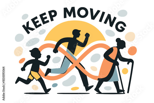 Evolving Together. Longevity & Vitality. Generations of silhouettes move in rhythm?child, adult, elder?all connected by a glowing infinity loop. ?Keep Moving?