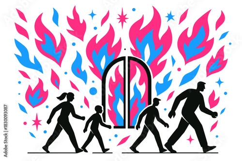 Silhouettes and Fiery Gates. Figures Walking Towards Fiery Gates. Wide view of silhouetted figures walking toward fiery gates with floating abstract geometric
