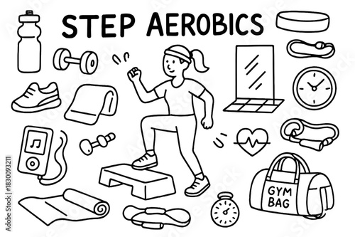 Step Aerobics Essentials. Step Aerobics. Hand-drawn doodle illustration Step Aerobics person stepping on aerobic step, dumbbells, water bottle,