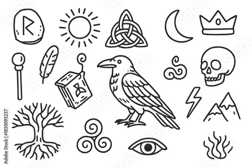 Mythical Raven Icons. Raven in mythology. Hand-drawn doodle illustration Raven in mythology Norse raven, Celtic knot, sun, moon, ancient book, magic staff,