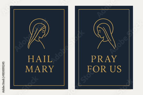 Minimalist Ave Maria Banners. Ave Maria. Two vertical A6 banners with safe margins, centered composition, no elements touching edges, minimal, navy and gold,