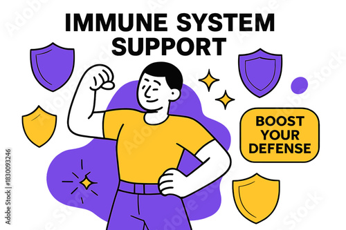 Immune System Vitality. Immune System Support. A figure surrounded by shield shapes flexes lightly; small spark icons radiate ?Vitality.? ?Boost Your Defense?