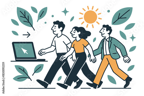 Screen-Free Outdoor Escape. Digital detox for employees. Employees walking outdoors away from computers with abstract floating leaves, sun, and sparkles;