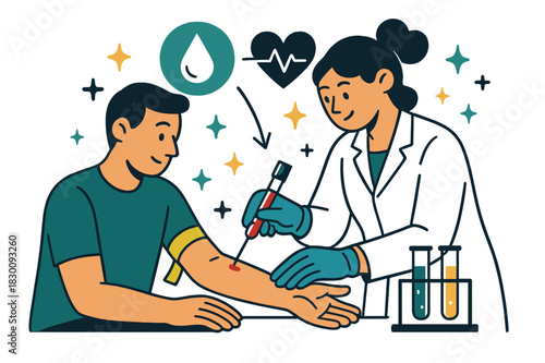 Dynamic Blood Test Scene. Blood test. Laboratory technician drawing blood from patient's arm with abstract floating icons, test tubes, and sparkles; emphasizes