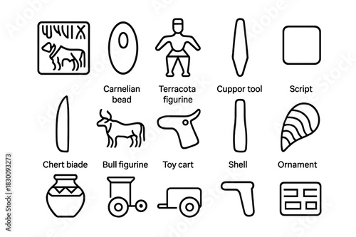 Indus Valley Icon Set. Indus Valley relics. Line icon set of Indus Valley relics: steatite seal, carnelian bead, terracotta figurine, weight stone, script