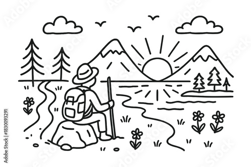 Solitary Sunset Gaze. Solitary Traveler. Hand-drawn doodle illustration Solitary Traveler person sitting on rock, gazing at sunset, mountains, clouds, river,