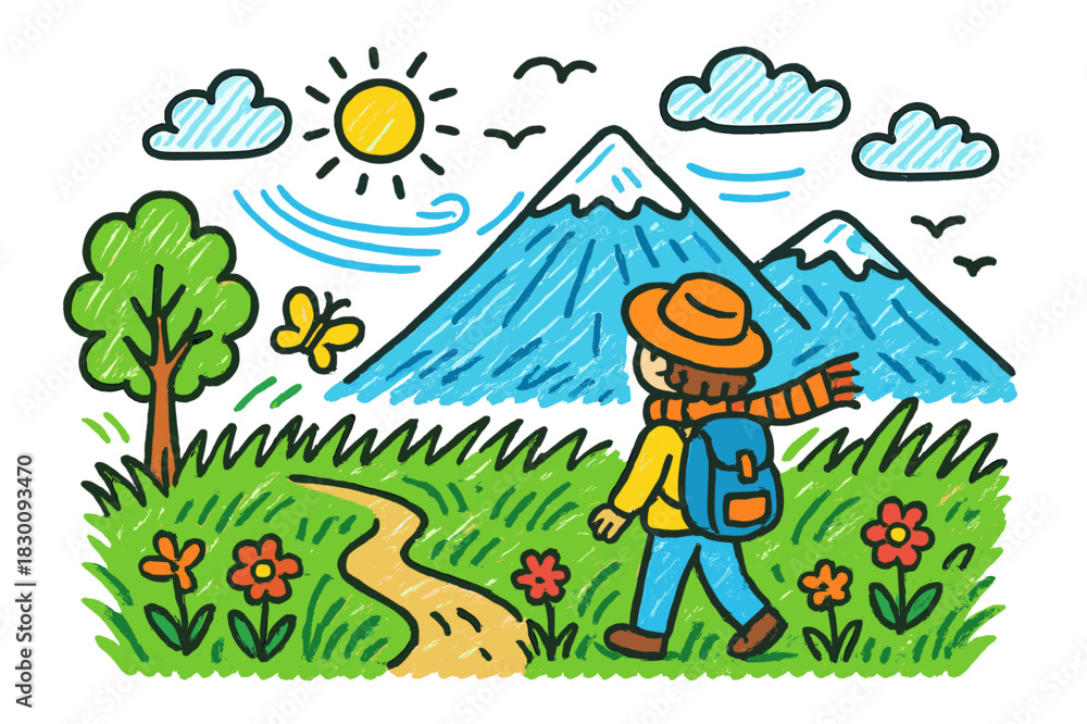 Obraz premium Colorful Mountain Doodle. mountain view. Colorful Hand-drawn doodle Children illustration mountain view person, tall grass, wind, distant mountain, clouds,