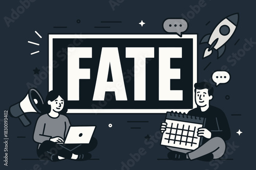 Dynamic Fate Banner. Fate banner, flat vector illustration, bold oversized text inside rectangular frame, cartoon characters sitting and holding a laptop and a