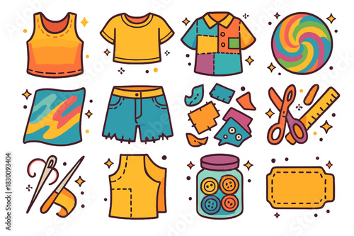 Upcycled Clothing Icons. Upcycled clothing ideas. Colorful isometric vector icons set of Upcycled clothing ideas: cut-sleeve tank top, crop tee, patchwork