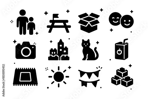 Family LEGO Icons. Family LEGO Day. Solid icons set of Family LEGO Day: parent and child, picnic table, open box, smiling faces, camera, completed city, cat