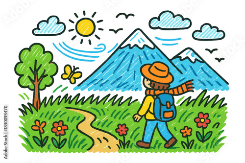 Colorful Mountain Doodle. mountain view. Colorful Hand-drawn doodle Children illustration mountain view person, tall grass, wind, distant mountain, clouds,