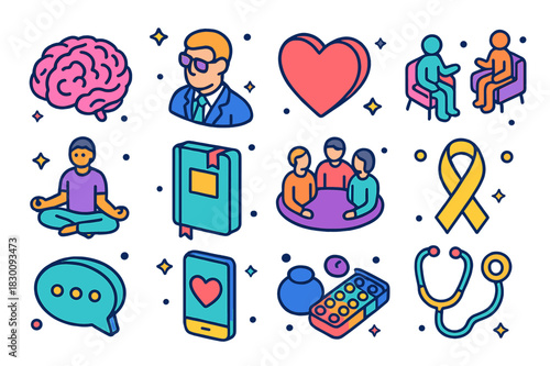 Mental Health Icons. Mental health campaign. Colorful isometric vector icons set of mental health campaign: brain, therapist, heart, counseling session,