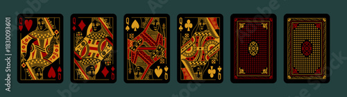 Playing Poker cards set. Four Queens suits of Hearts, Spades, Clubs, Diamonds. Face and back side. Dark Black design. Printable vector gambling cards isolated on background.	