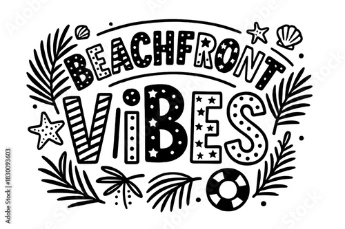 Beachfront Vibes Display. Beachfront Vibes ? playful decorative display lettering; patterned letters (dots/stripes/stars), gently arched word-shape; framed