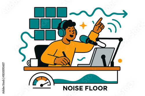 Soundproof Radio Studio Scene. Radio Studio Desk ? Soundproofing. Minimal foam tiles rise behind the desk; soft sound waves bend and fade. A meter icon dips