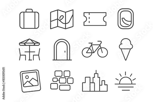 Travel Icon Set. Travel Snippets. Line icon set of Travel Snippets: suitcase, map, ticket, window seat wing, street cafe, doorway, bicycle, gelato cone,