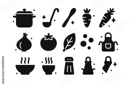 Soup and Stew Icons. Soup and Stew Cooking. Solid icons set of Soup and Stew Cooking: pot, ladle, wooden spoon, carrot, onion, tomato, bay leaf, peppercorns,