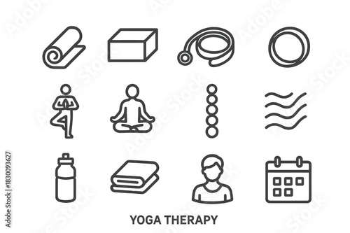 Yoga Therapy Icons. Yoga therapy. Line icon set of yoga therapy: yoga mat, yoga block, yoga strap, yoga wheel, tree pose figure, lotus pose figure, chakra