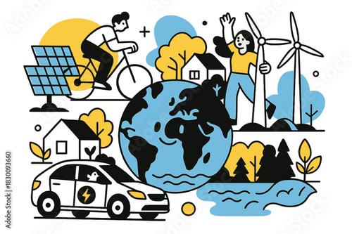 Sustainable Energy Future. sustainable energy. Solar panels and wind turbines generating clean power, a green earth thriving with lush forests and pristine