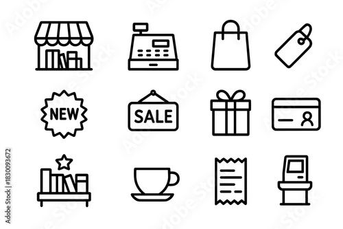 Bookstore Icon Set. Bookstore. Line icon set of Bookstore: storefront awning, cash register, shopping bag, price tag, new release badge, sale sign, gift wrap,
