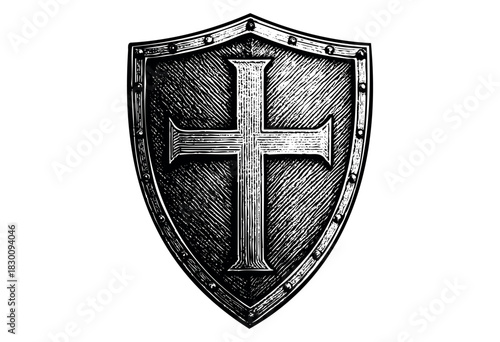 Illustration of a medieval shield with a cross symbol in detailed engraving style.