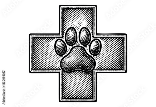 Engraved cross symbol with a paw print at the center, representing veterinary care.