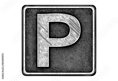 Engraved square sign with bold letter “P” representing parking area.