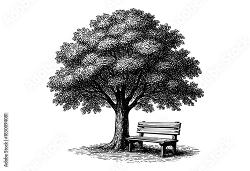 Engraved scene of a tree with a bench beneath it in a park setting.