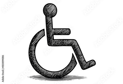 Engraved illustration of a wheelchair accessibility symbol in bold sketch style.
