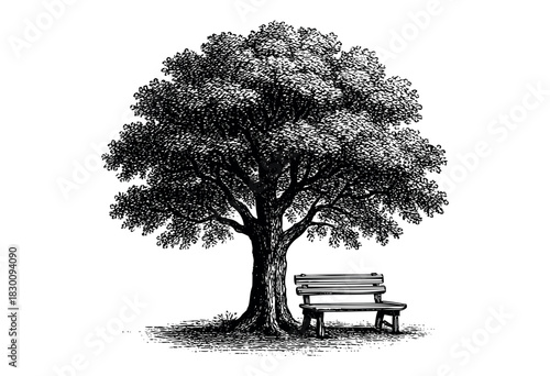 Engraved scene of a tree with a bench beneath it in a park setting.