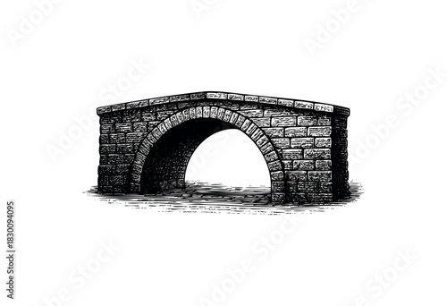 Detailed engraved illustration of an old arched stone bridge over water.