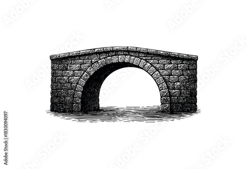 Detailed engraved illustration of an old arched stone bridge over water.