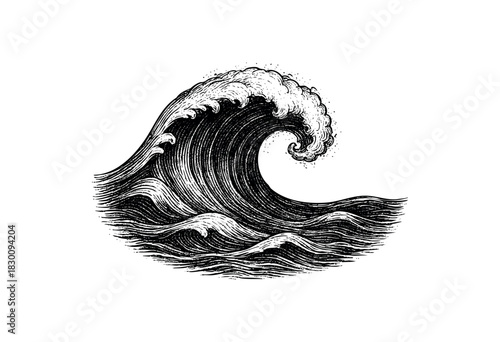Detailed engraving of an ocean wave cresting in vintage maritime style — stock vector.