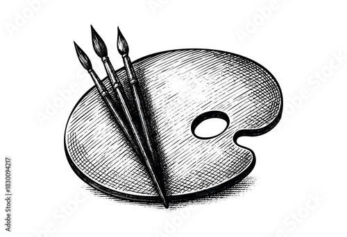 Classic engraving of an artist’s palette with brushes and paint blobs — stock vector.
