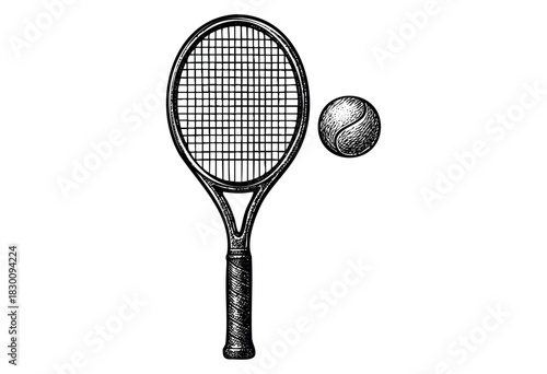 Engraved vintage-style illustration of a tennis racket and ball — stock vector.