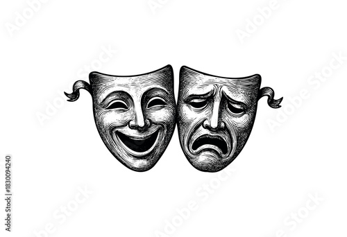 Detailed engraving of classic comedy and tragedy theater masks — stock vector.