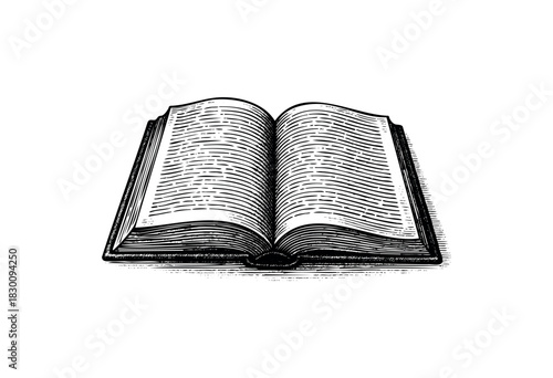 Vintage engraved illustration of an open book with visible pages and fine lines — stock vector.